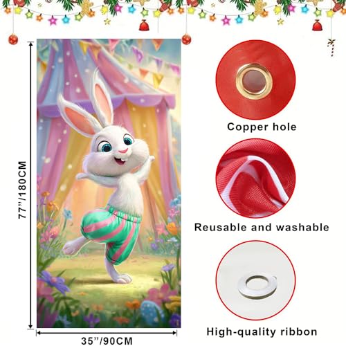 Image of Happy Easter Door Cover Dancing Bunny Banner Carnival Style Spring Front Door Decorations Home Party Outdoor Decor 35.4x71 Inch