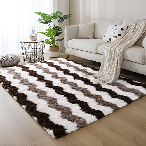 Dweike Super Soft Shaggy Rugs Carpets, 4X6 Feet, Plush Area Rugs For Living Room Bedroom, Fluffy ​Rug For Girls Kids Room, Shag Plush Rug For Teen Room Decor, Stripe Brown #TOP2