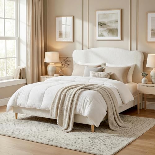 Image of GarveeHome Queen Size Bed Frame with Upholstered Headboard, Soft Low Profile Sturdy Platform Bed with Rounded Corners Design, Heavy Duty, Wooden Slats, Noise Free, No Box Spring Needed, Beige