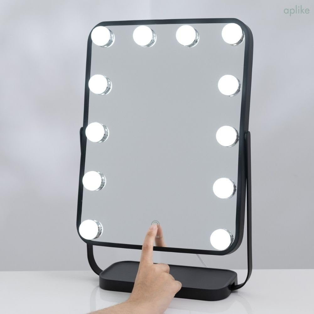 Aplike - Espejo Maquillaje con Luz, 12 Bombillas LED Hollywood, 3 Temperaturas Color (3000K-6500K), Control Táctil, Rotación 360°, Espejo Tocador Grande, Regalo Mujer (Negro)