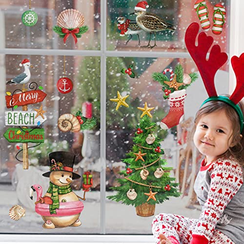 Yovkky Merry Christmas Beach Window Clings 9 Sheets, Xmas Tree Santa Claus Sea Coastal Stickers Decal Decor, 2023 New Year Snowman Surfboard Holiday Gift Home Kitchen Decorations #TOP5