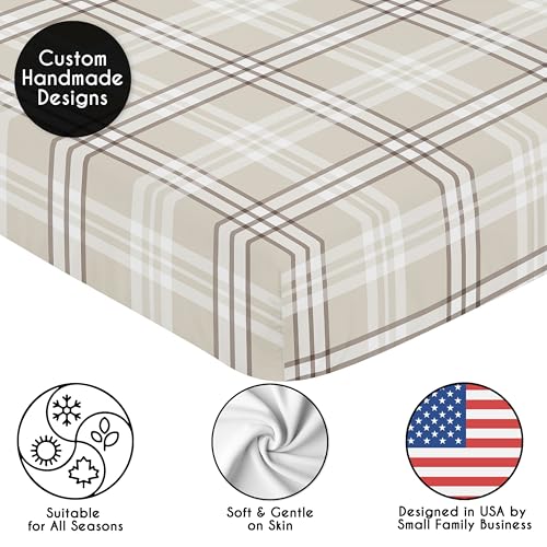 Image of Sweet Jojo Designs Fitted Baby Crib Sheets (Tan Gingham Plaid) for Boys or Girls, Infant Nursery, Toddler Room - Standard Size (Taupe, Checkered, Classic, Tartan, Gender Neutral, Rustic, Farmhouse)