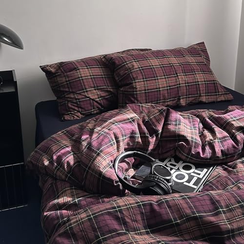 Image of MKXI Full Size Rustic Burgundy Plaid Duvet Cover Set, 3 Piece Farmhouse Bedding with Navy Check Accents, 100% Washed Cotton, Breathable Vintage Aesthetic Bed Set with Zipper Closure & Corner Ties