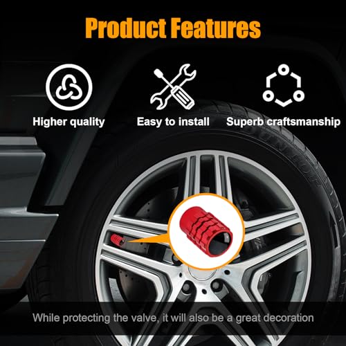 Dickno 4 PCS Tire Valve Stem Caps, Leakproof Car Tire Air Valve Stem Covers with Rubber Ring, Corrosion Resistant Auto Tire Valve Stem Cap Cover, Universal Vehicle Accessories (Red, Normal)