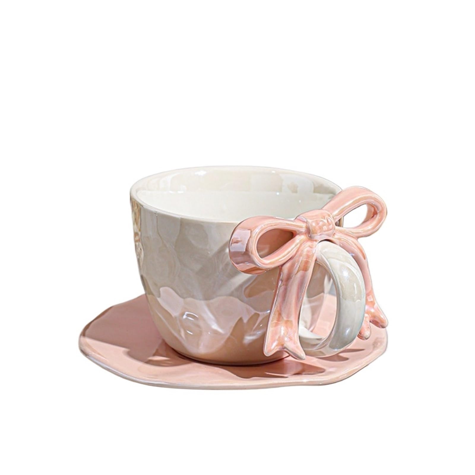 Tassen, Becher und Untertassen, Keramik-Kaffeeset, 380-ml-Bogengriffdesign mit Untertasse, Latte-Art-Tasse, elegantes Tee- und Kaffeeset für Damen(Pink)