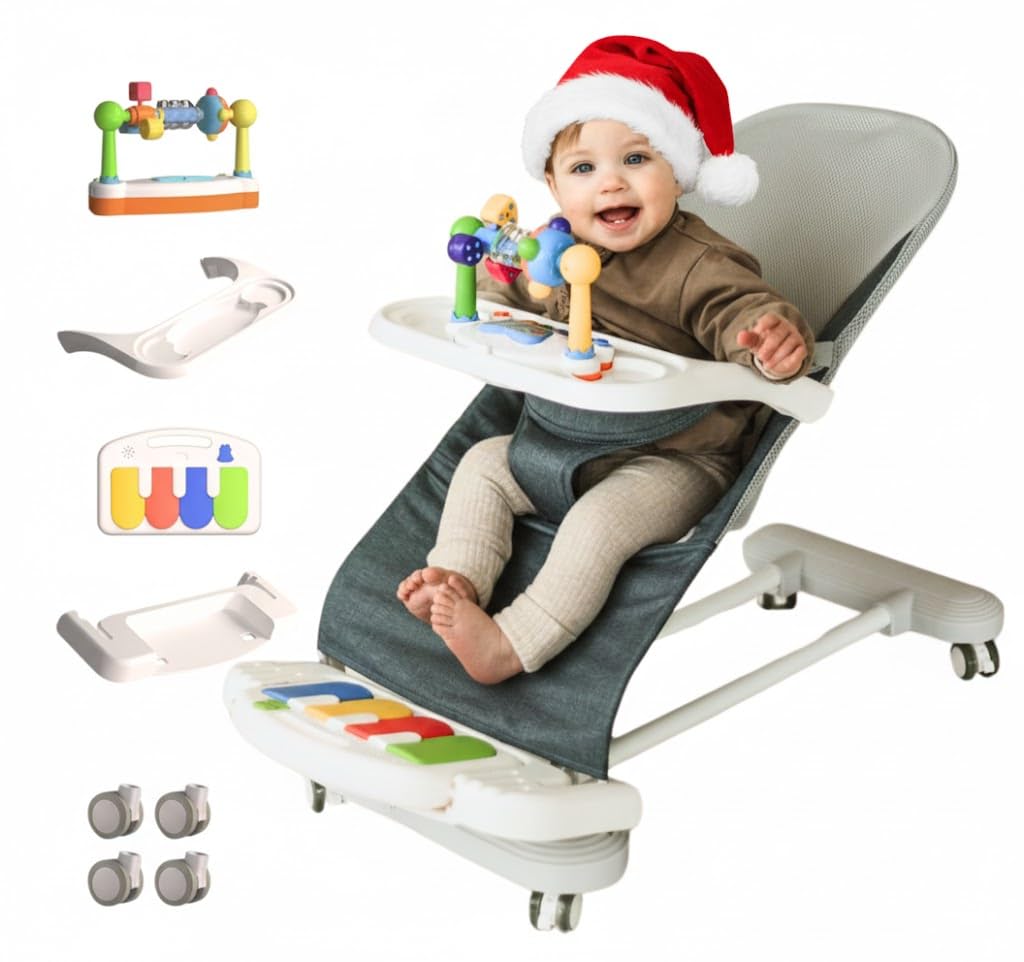 CuddoBaby Baby Bouncer 4-in-1 on Wheels |Detachable Pianos, Feeding Tray| 3-Level Recline Foldable Seat with Play Bar for Infant to Toddler 0-6, 0-12, 12-24 Months, Boy Gift Idea - Blue