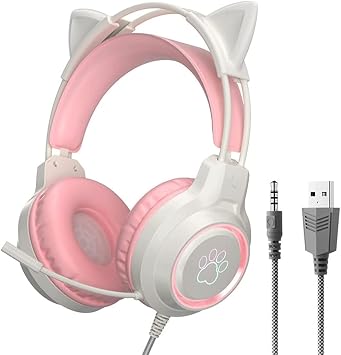 Gaming Headset with Removable Cat Ears, 3.5mm Wired Headphones with Adjustable Microphone, Extendable Padded Headband, Noise Cancelling and RGB Light Headphones for Phone Pink