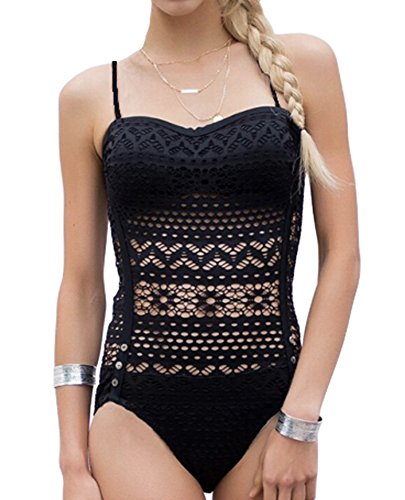 Ayliss - Bañador de Mujer con Correas de Encaje de Ganchillo y Tirantes de Halter, Traje de baño, Bikini de una Pieza - Negro - Etiqueta Small
