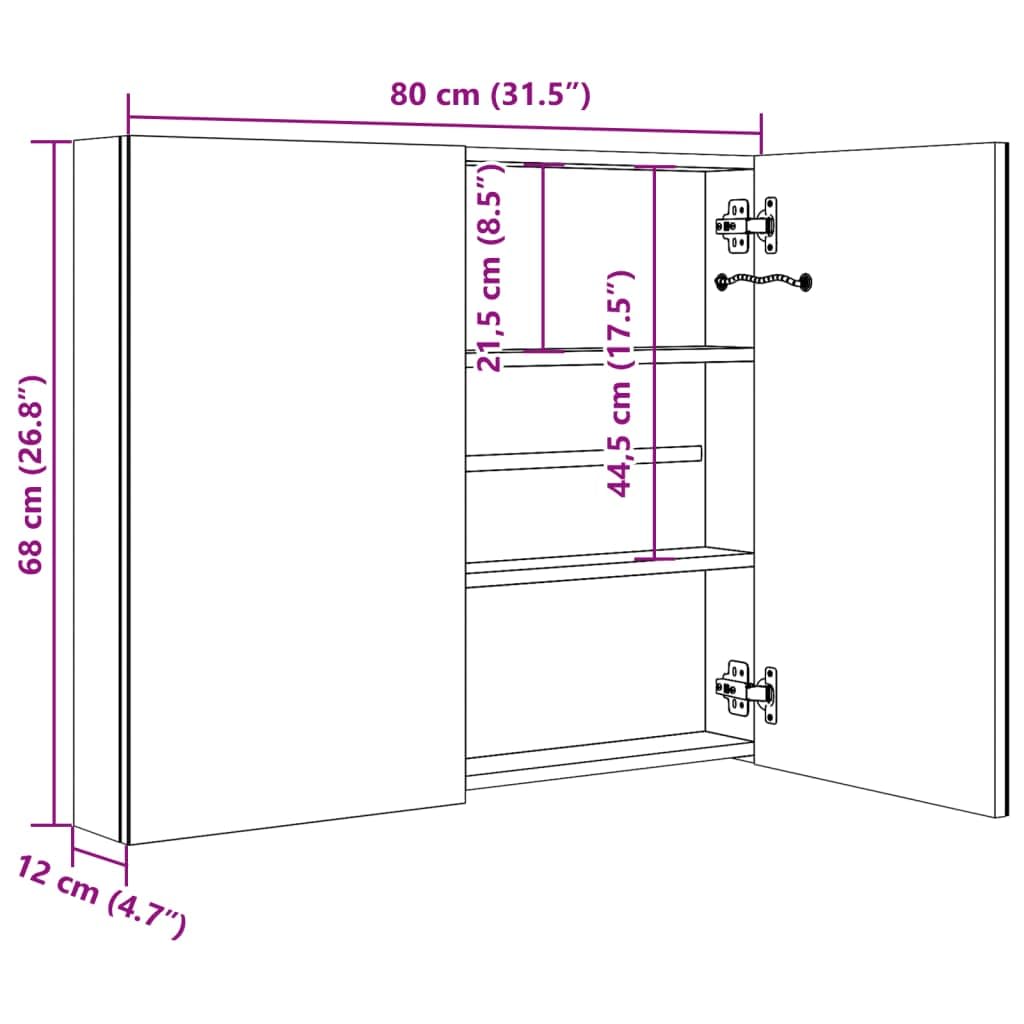 LED-Spiegelschrank für Badezimmer, glänzend Grau, 80x12x68 cm, mit 2 Türen, 3 Einlegeböden, Wandmontage, ideal für Kosmetik, Rasur, Hautpflege