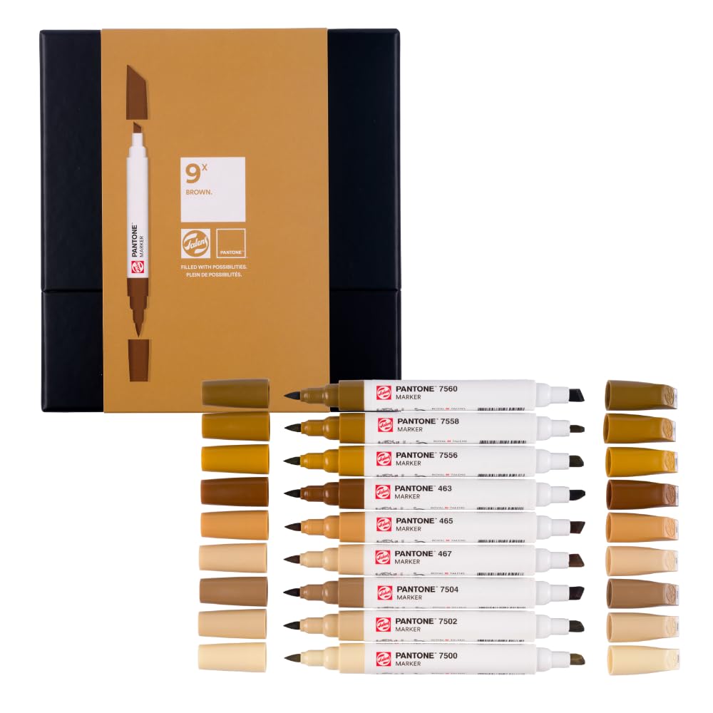 Talens | Pantone Marker Set of 9 Brown | Dual-Tip Pens with Brush and Chisel Nib | Water-Based, Pigmented Ink in Pantone Colors