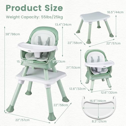 Image of INFANS 8 in 1 Baby High Chair, Convertible Highchair for Babies and Toddlers, Infant Dining Booster Seat, Building Block Table, Kids Stool Table Chair Set with Removable Tray (Green)
