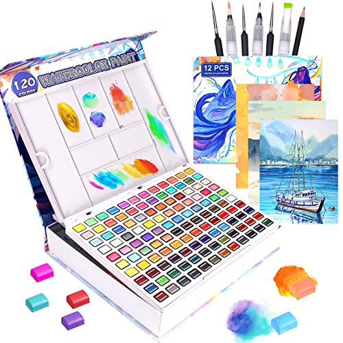 Lyuvie Aquarelle Peinture, 120 Couleurs Les Palette Aquarelle Dans Une Boîte, Aquarelle Métallique Fluorescentes et Macarons,Peinture Aquarelle Enfants Adulte Débutants et Artistes