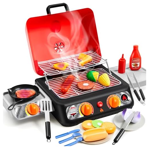 PLAY-ACT Extra Large 2-Layer BBQ Grill Playset with Pretend Smoke, Light, Sound & Color-Changing Food, Kitchen Toy Set,Pretend BBQ Grill Toy Set for Kids (25X13X12 Inch)
