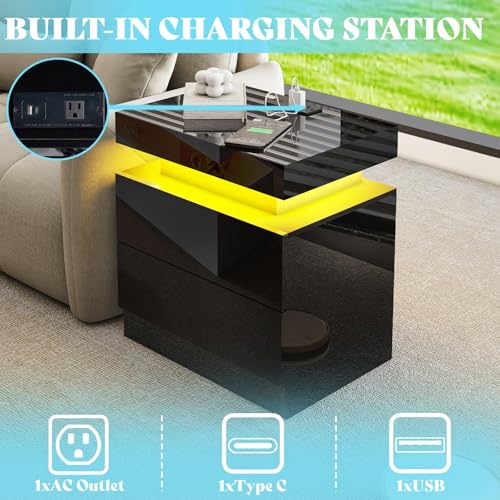 Amerlife CCT027-1061110358N High Gloss Led Nightstand Set Of 2 With Charging Station, Modern Bedside Table Night Stand With Led Lights, Sofa End Side Tables With Drawers For Bedroom thumb #5