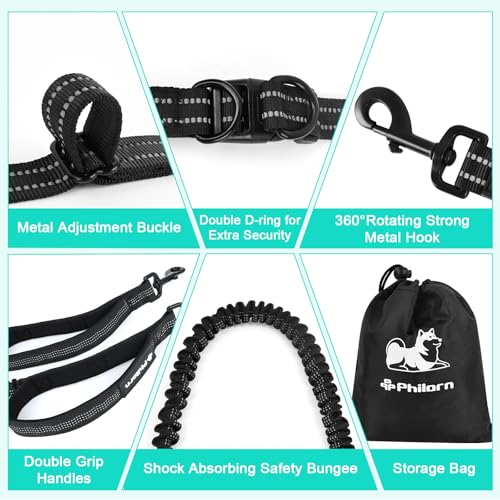 Philorn Joggingleine für Hunde, Freihändig Laufleine für Große/Mittelgroße Hunde zum Joggen Laufen Wandern, Bauchgurt Hundeleine mit Dual Griffe, Reflektierende Nähte, Bauchgurt Schwarz