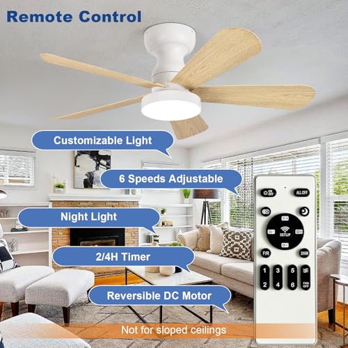 Image of Depuley Small Ceiling Fan with Lights: 35-Inch Flush Mount Fan with Light and Remote - Low Profile Ceiling Fans Reversible Quiet DC Motor for Bedroom Living Room Indoor Outdoor, Wood Color