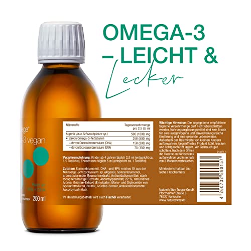Foto von NutraVege Algenöl Omega 3 vegan - Premium Qualität Omega 3 für Kinder ab 4 Jahren und Erwachsene mit Zitrus Geschmack - (300 mg DHA/150 mg EPA je 5ml) – 200 ml