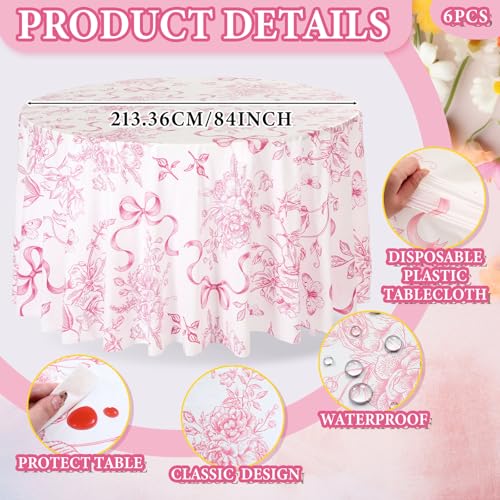 Image of Ganeen 6 Pcs Pink Bow Floral Tablecloths 84 Inch Plastic Round Table Covers Waterproof Coquette Birthday Party Decoration Pink Floral Table Covers for Women Bridal Baby Shower Bachelorette Party Decor
