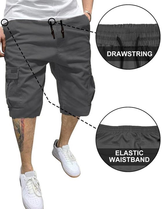 Vista 4 de BUXKR Pantalones cortos para hombre con bolsillos con solapa y cordón de ajuste, pantalones cortos de entrenamiento de algodón con múltiples