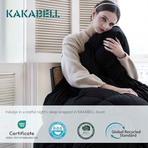 Image of KAKABELL Pinch Pleat Goose Down Feather Comforter, Queen Size, All Season, Black, 90 inchx90 inch, 100% Cotton Cover