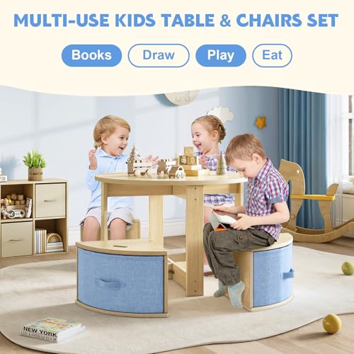 Image of EXPERLAM Toddler Table and Chair Set, Round Kids Table and Chairs with Nesting Design, Wooden Activity Table & 4 Storage Drawers Chairs for Daycare Nursery Playroom