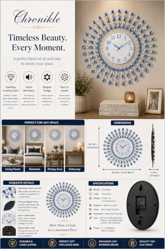 Image of CHRONIKLE Beautiful Crystal Floral Design Round Diamond Studded Analog Metal Wall Clock for Living Room Home Decorations Office Gifts (Size: 60 x 5 x 60 CM | Color: Blue | Weight: 2005 Gram)
