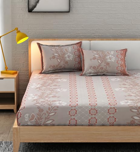 Linencasa Home Premium King Size Fitted Bedsheet with 2 Pillow Covers | Glace Cotton | 240 TC | Soft & Breathable Fabric | Floral Print | Double Bed Bedsheet | Floral Vine