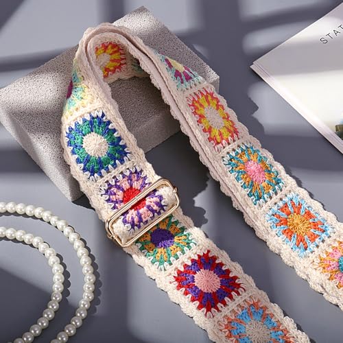 Image of Wide Purse straps Crochet Flower replacement crossbody for Handbag Adjustable Embroidery Knit Guitar Shoulder strap