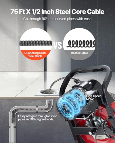 Image of VEVOR Drain Cleaner Machine 75 FT x 1 /2 Inch Manual Feed Sewer Snake Auger