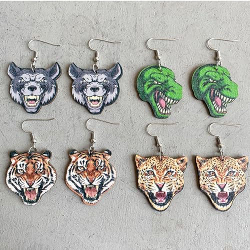 Handmade Exaggerated Tiger Dinosaur Cheetah Wolf Double Sided Animal Pattern Funny Lightweight Wooden Drop Dangle Earrings Personality Jewelry for Women3