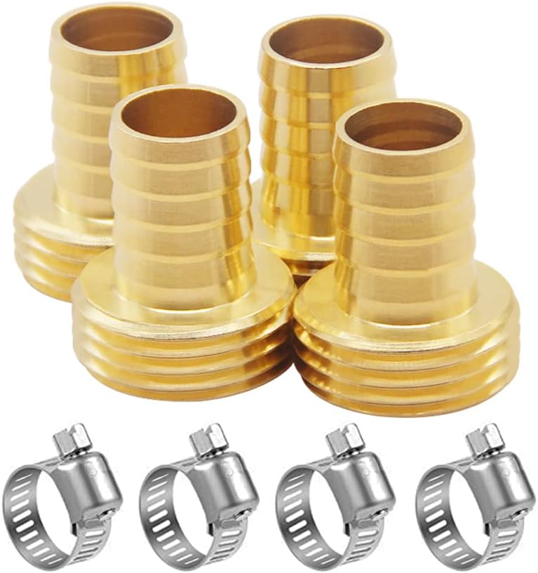Hooshing 4PCS Garden Hose Male Adapter 5/8" Barb x 3/4" Male GHT Thread Hose End Mender Connector with Stainless Clamp