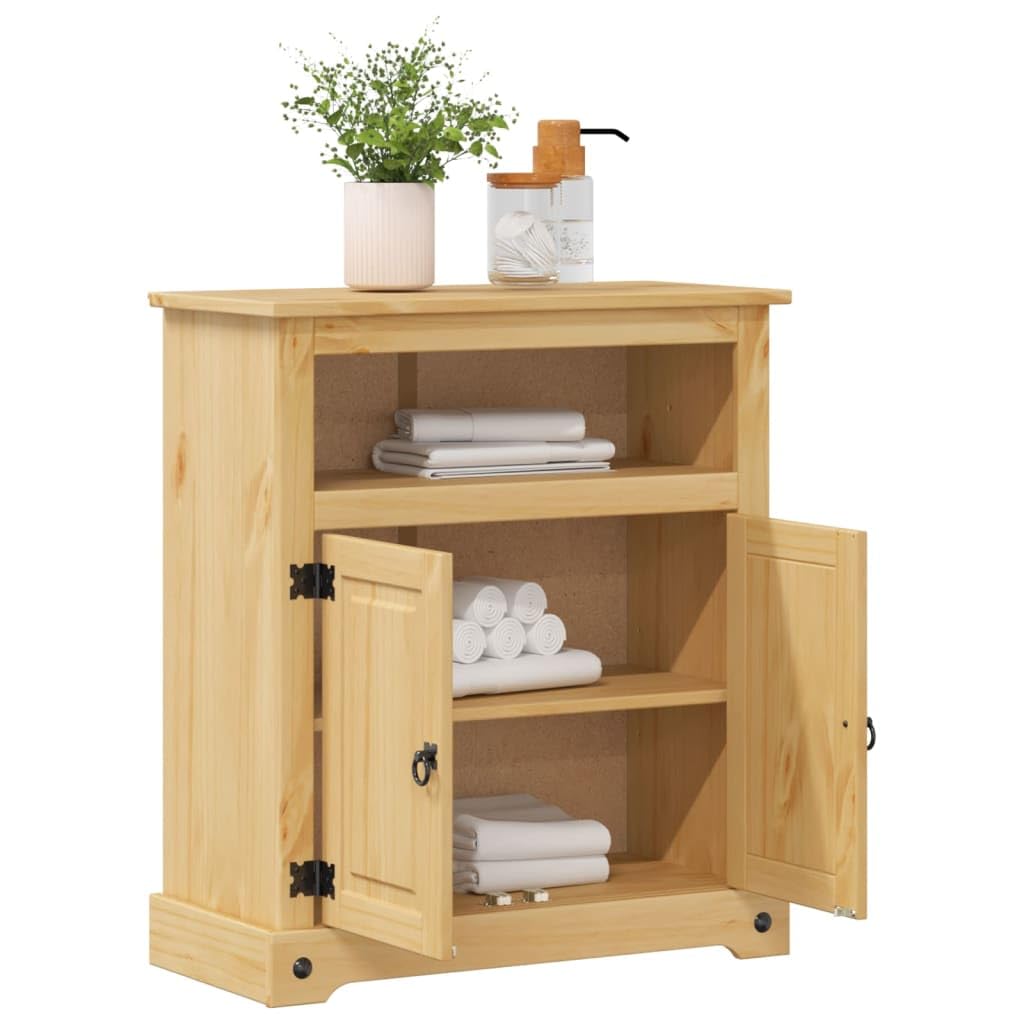 Szafka łazienkowa Corona z litego drewna sosnowego z wykończeniem woskiem miodowym, 70 x 33 x 80 cm, 1 otwarta półka, 2 drzwi, metalowe uchwyty, miejsce do przechowywania do łazienki, montaż
