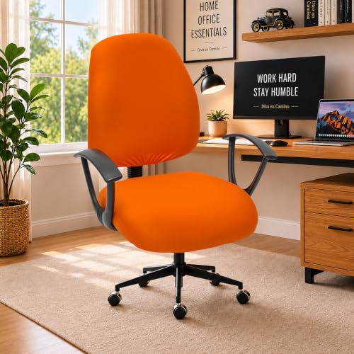 Image of Stretchable Desk Office Chair Seat Covers - Universal Stretch Computer Chair Slipcover Washable Rotating Backrest Coverings & Cushion Protectors for Dogs, Cats, Pets, Orange