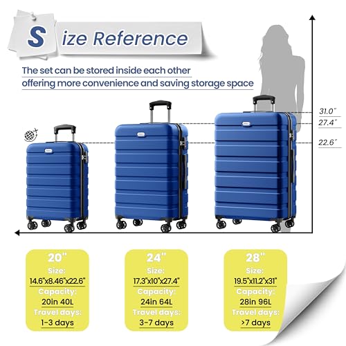 Image of AnyZip Luggage PC ABS Hardside Lightweight Suitcase with 4 Universal Wheels TSA Lock 20 24 28 Inch, DarkBlue, 3 piece set (20 /24 /28), Fashion