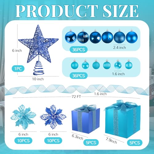 Skylety 104 Pcs Christmas Tree Decorations Set, Blue Christmas Hanging Ornament Ball Tree Star Topper Artificial Poinsettia Flower Ribbon Matching Gift Box for Xmas Party Decor by Skylety - Image 2