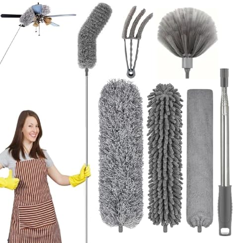 6pcs Kit Multi Dusters for Home Cleaning Set with 100 inch Extendable Long Rod for High Ceiling Cleaning Fan Cobweb Spiderweb Window Blinds Furniture Gap Cleaner Bendable Reusable Washable Multicolor