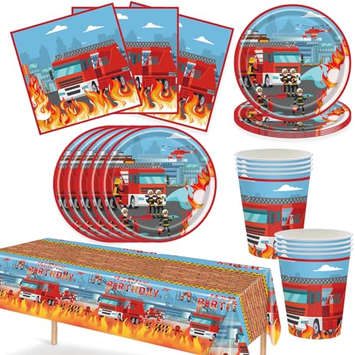 Bikasun Conjunto de louça para bombeiros - pratos, canecas, toalhas de mesa e guardanapos - decoração de mesa e festa de aniversário para crianças