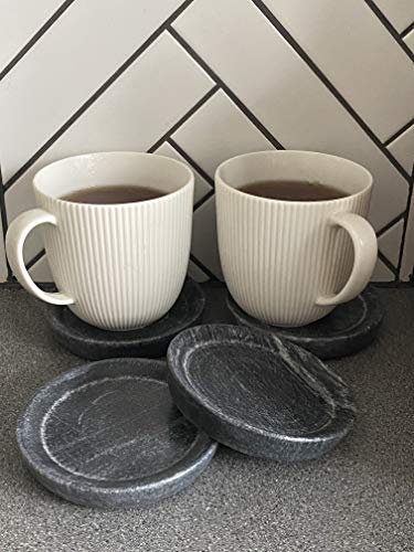Real Marble Coasters For Drinks – Dark Grey Set Of 4 – Extra Wide With Raised Edges - Rustic, Natural, Matte Finish – Coffee Table, Home Decor Accent, Bar Accessories - Living Room, Dining Room #TOP3