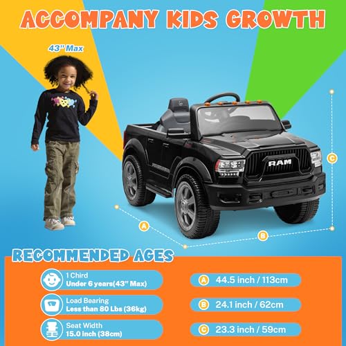 ENYOPRO 12V 7Ah Licensed Dodge Ram 2500 Ride On Car Truck, Electric Car Ride On Toys w/Parent Remote Control, LED Llights, MP3 Music & Back Storage, Ideal Gift-Boys Girls Kids Electric Vehicle (Black)