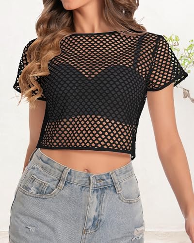 Image of Womens Sheer Mesh Top Fishnet T Shirts Short Sleeve See Through Casual Crop Tops