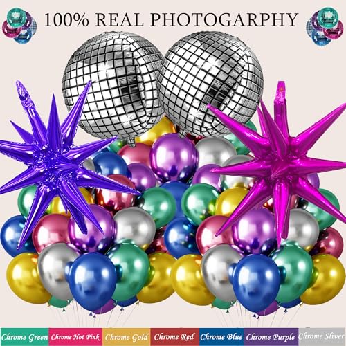 Image of 161pcs Shiny Chrome Balloon Garland Arch Kit Retro Disco Dance Party Decorations with 4D Disco Ball Balloons and Explosion Star Foil Balloons for 80s 90s Theme Neon Birthday Galaxy Supplies