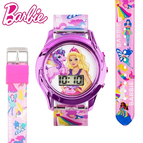 Mattel Barbie Kids Digital LCD Watch with Curved Bezel, Flashing Dial Lights and Printed Pink Strap Featuring Barbie and Unicorn Graphics Ages 4+ Fits Wrists 5.5"-8"2