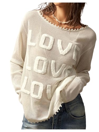 Verdusa Women's Oversized Sweater Crochet Sweaters Letter Embroidery Long Sleeve Hollow Out Knit Tops