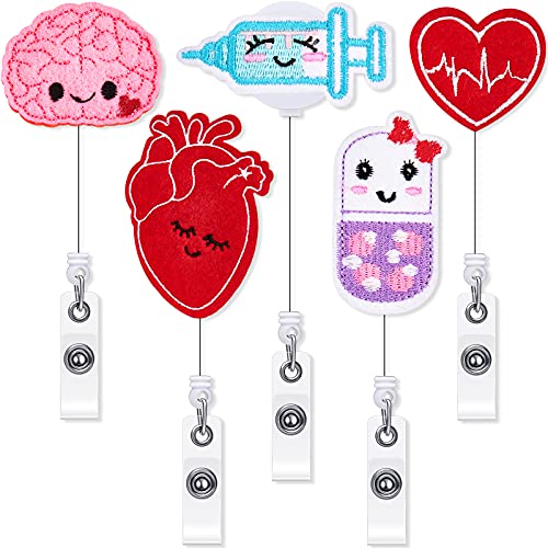 Zonon 5 Pieces Cute Nurse Badge Reels Felt Retractable Badge Reels Nursing Name Holder Practical ID Holder Gift for Nurses Teachers
