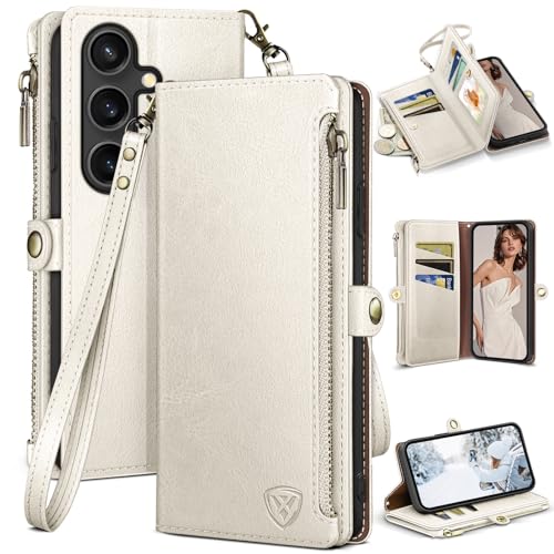 Image of XcaseBar Compatible with Samsung Galaxy S25 Wallet case with Zipper Credit Card Holder【RFID Blocking】,Flip Folio Book PU Leather Phone case Shockproof Cover Women Men for Samsung S25 case White