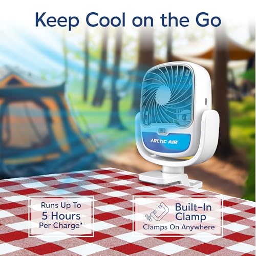 Image of Arctic Air Grip Go Evaporative Cooler, Cordless & Portable Fan with 3 Speeds, Universal Clamp 360 Degrees Head Swivel, USB Charging, 5-Hour Battery, Personal for Home, Office, Car More, White