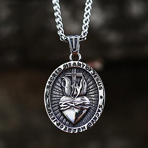 Sacred Heart of Jesus Necklace, Stainless Steel Jesus Christ Sacred Heart Medal, Punk Pendant Necklace Trendy Jewelry Christian Amulet Christian Gift3