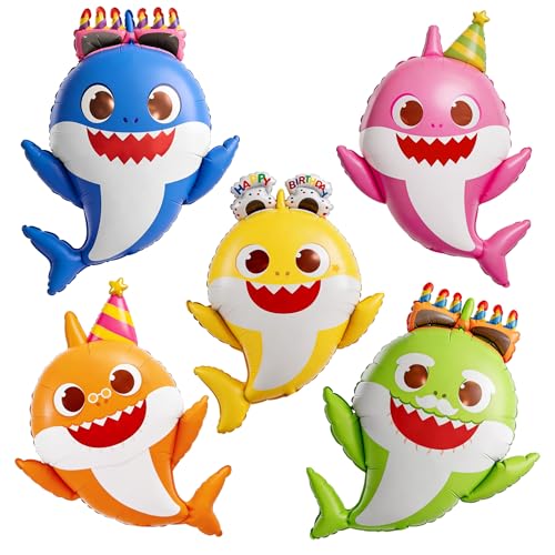 Image of PartyWoo Baby Shark Family Foil Balloons 5pcs 36 34 32 Inch Baby Shark Family Mylar Helium Birthday Balloons for Boys and Girls Children Under the Sea Ocean Theme Kids Birthday Party Decorations