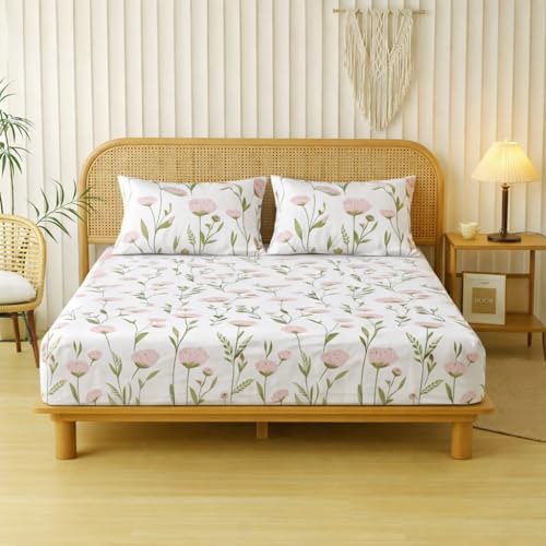 Image of Designer Floral Printed Flat Bedsheet for Double Bed 200tc to 220tc | Ultra Soft Cotton Fabric | King /Queen Size Top Sheet with 2 Matching Pillow Covers - 228 x 228 Cm, White Flower