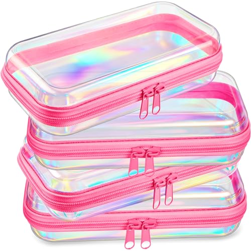 Image of Hoolerry 4 Pcs Hard Clear Zipper Case Makeup Bags Plastic Zipper Pouch Transparent Storage Box Containers for Cosmetics, Snacks, Building Blocks, Puzzles(Clear,7.5 x 3.9 x 2 in,Pink Laser)